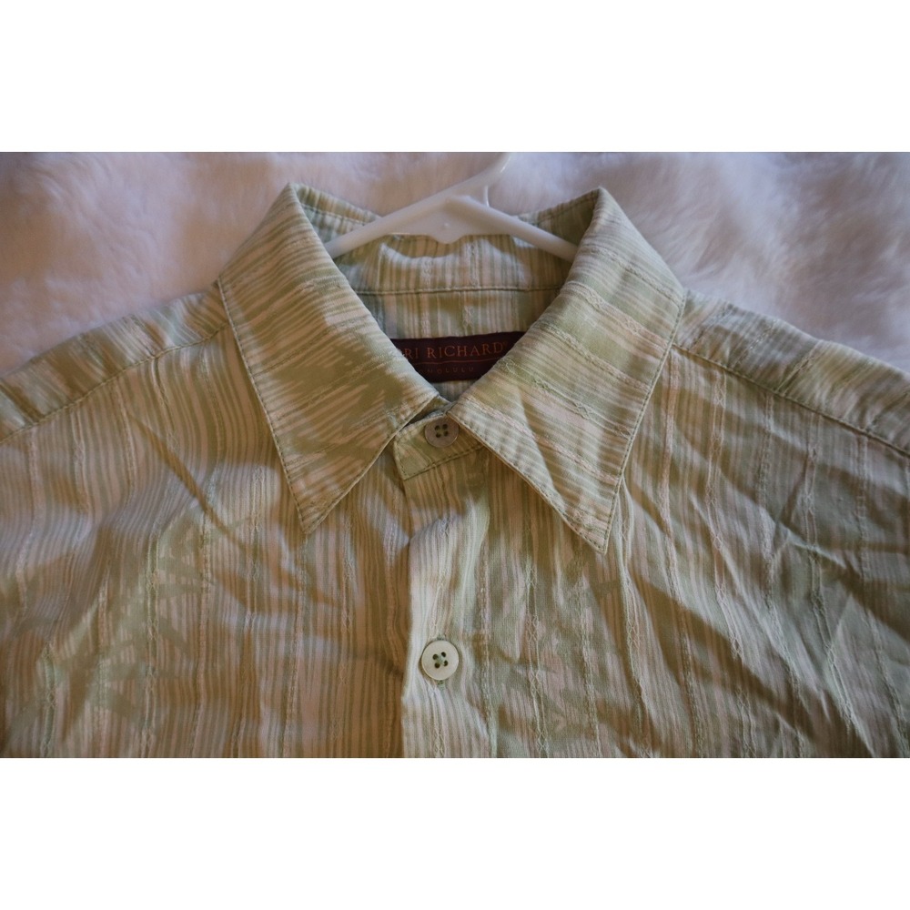 Mens Tori Richard Button Front Shirt Size S Silk Linen Green Striped Floral